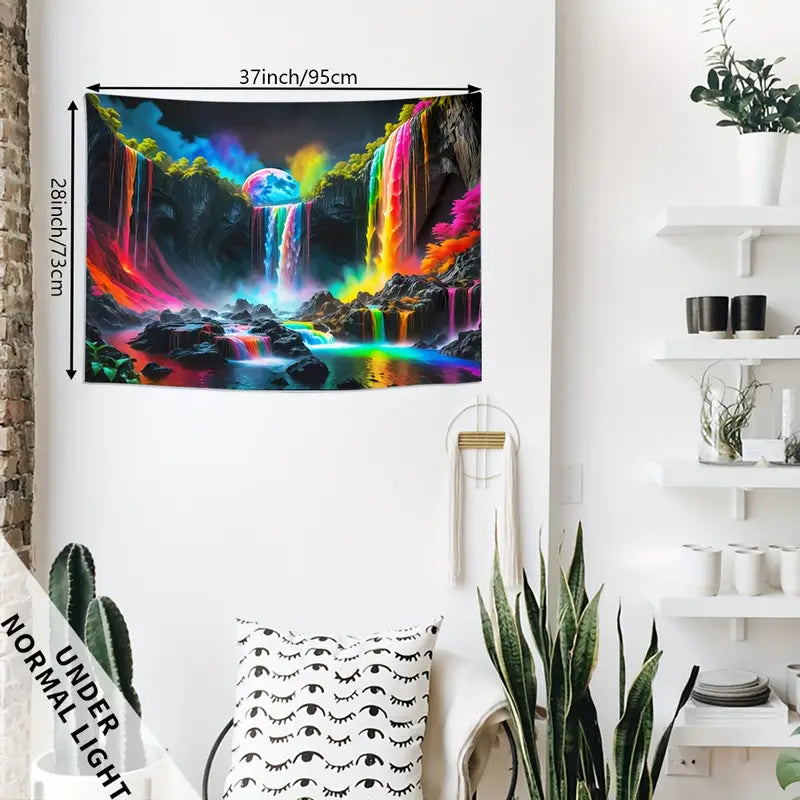 Mountain Waterfall With Rainbow | Official GlowTapestry UV Art Decor