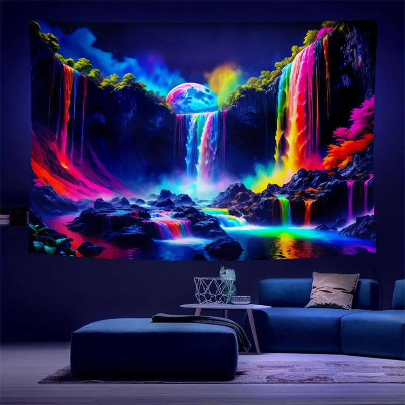 Mountain Waterfall With Rainbow | Official GlowTapestry UV Art Decor