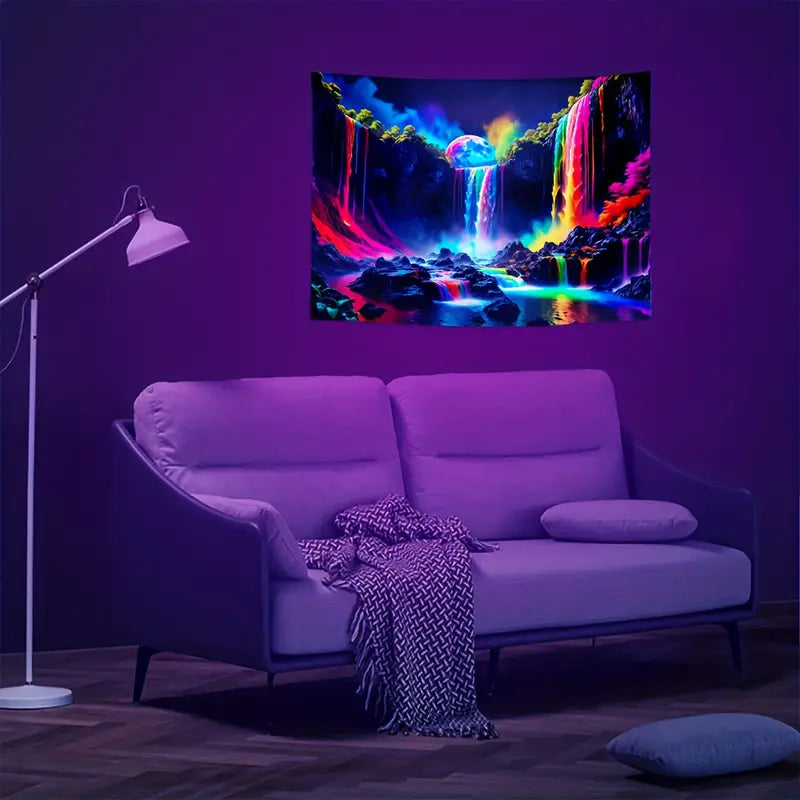 Mountain Waterfall With Rainbow | Official GlowTapestry UV Art Decor