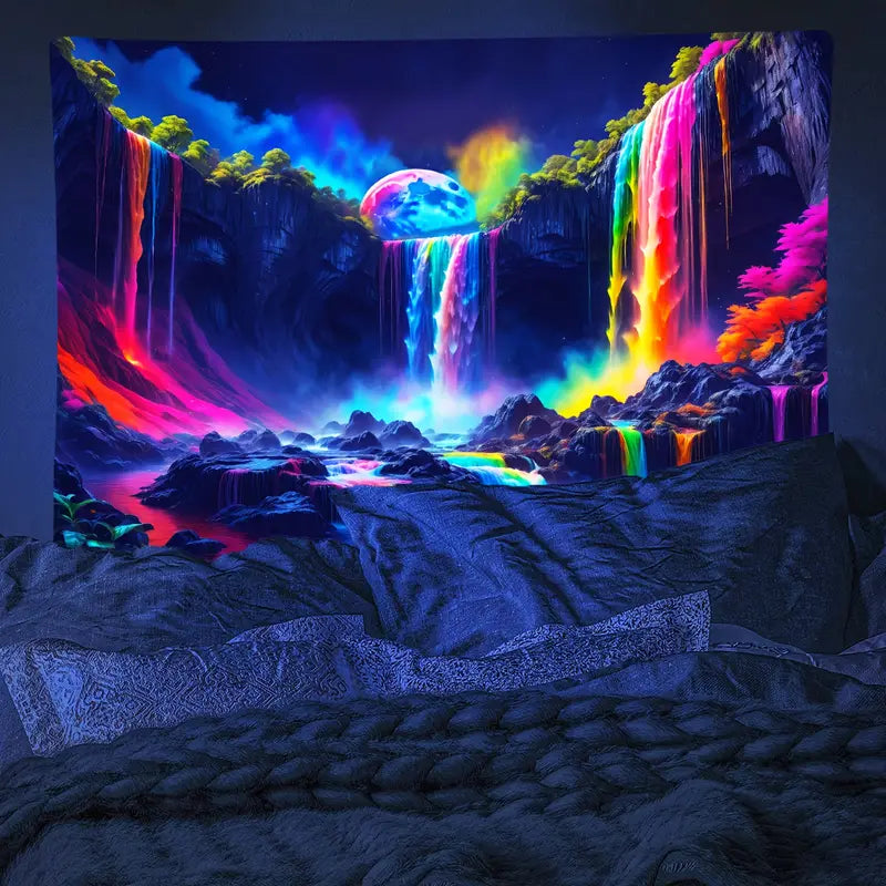 Mountain Waterfall With Rainbow | Official GlowTapestry UV Art Decor