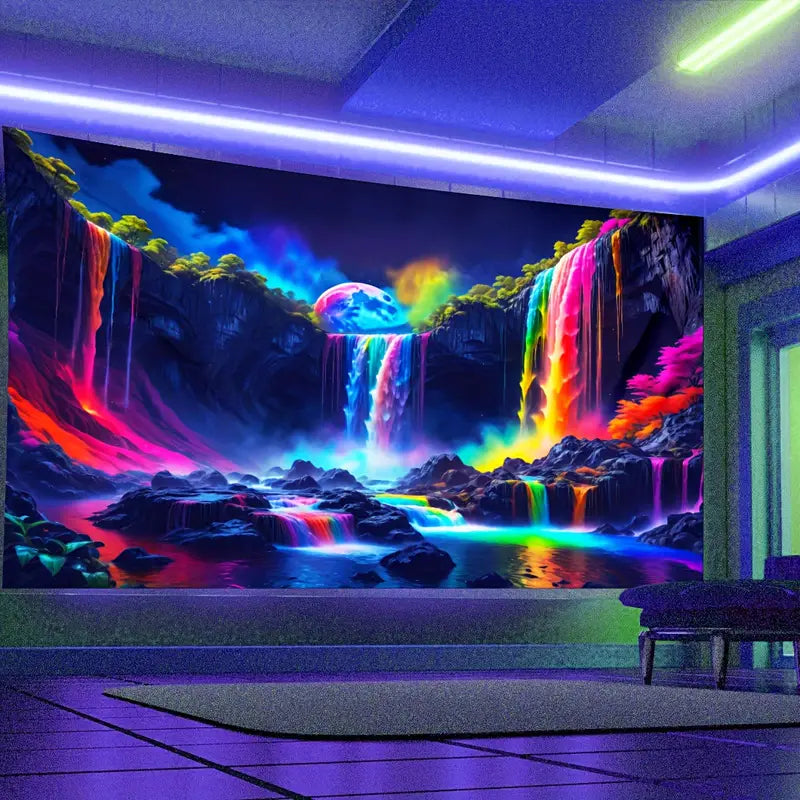 Mountain Waterfall With Rainbow | Official GlowTapestry UV Art Decor