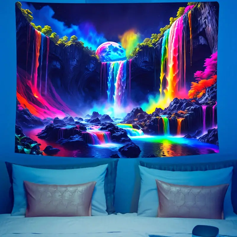 Mountain Waterfall With Rainbow | Official GlowTapestry UV Art Decor